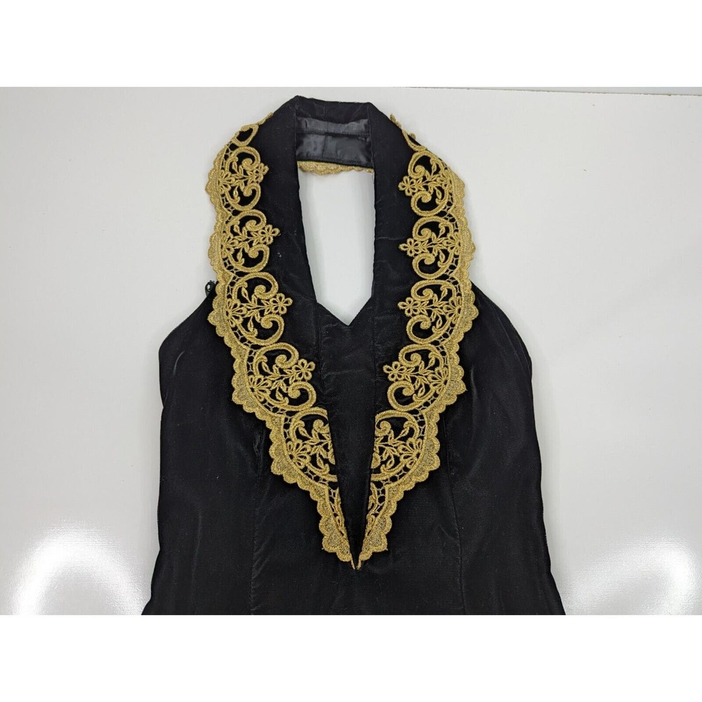 Jessica McClintock Gunne Sax 7/8 Black Velvet Gold Applique Halter Mini Dress 90 - Picture 3 of 11
